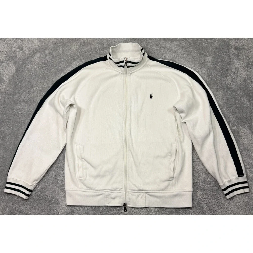 Polo Ralph Lauren Zip Up Mock Neck Sweater Large White Navy Blue Cotton Vintage